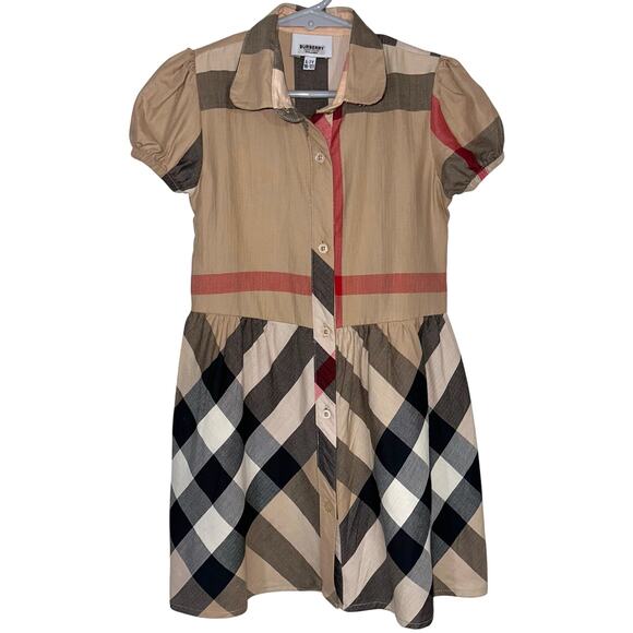 Burberry Children Girls Classic Check Short Puff Sleeve Button Front Dress 6-7Y - Picture 1 of 14